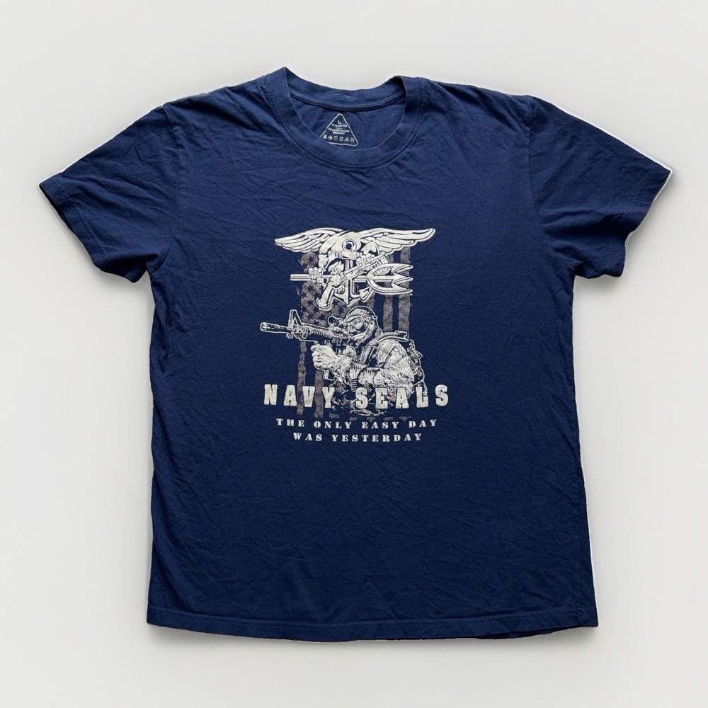 US Navy Seals Military USA Blue Shirt Mens L American Flag Patriot Only Easy Day
